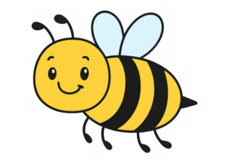 Cheerful cartoon bee character flying with bright smile, transparent background suitable for kid-friendly graphics and learning resources