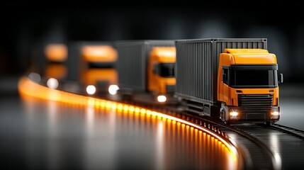 A row of orange semi-trucks on a curved track.