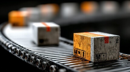 Cardboard boxes move along a conveyor belt.