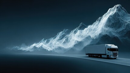 A white semi-truck travels down a highway through a digital landscape.