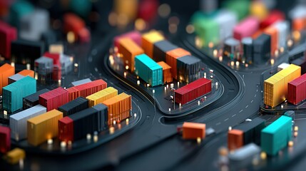 Colorful shipping containers arranged in a detailed urban model.