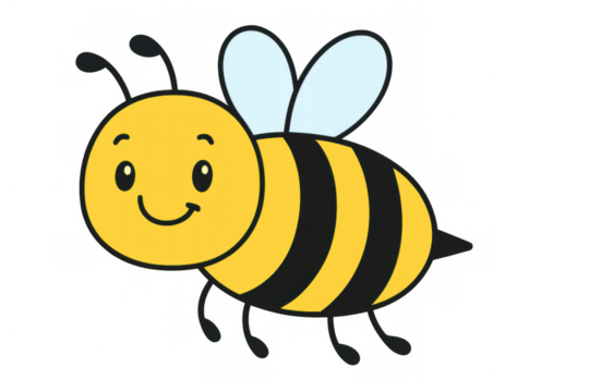 Cheerful cartoon bee character flying with bright smile, transparent background suitable for kid-friendly graphics and learning resources