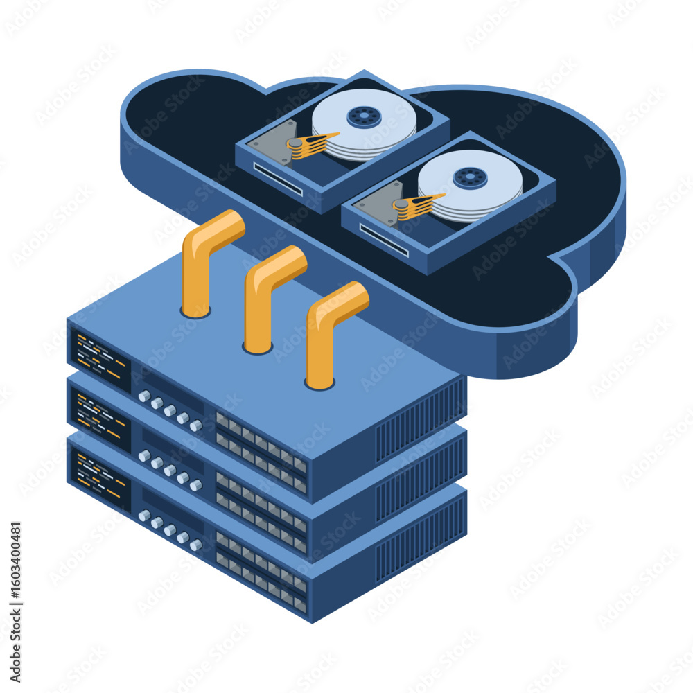 Poster isometric cloud computing. isometric server. server network equipment. computer network technology. 