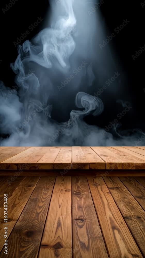 Poster empty wooden floor with rising plumes of vapor against dark background ready for product display or 