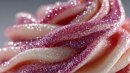 Close-up view of swirls of pink and white glitter substance.