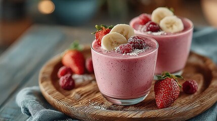 Two glasses of pink smoothie topped with fresh fruit.