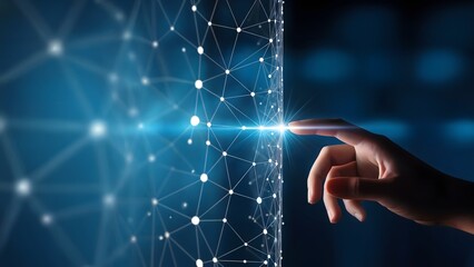 U nique digital illustration of a human hand touching a glowing network technology connection