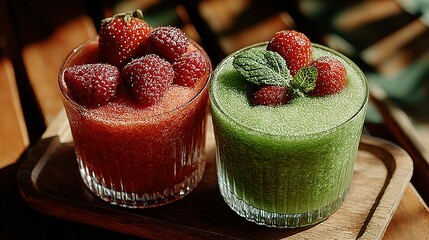 Two refreshing fruit-topped drinks.