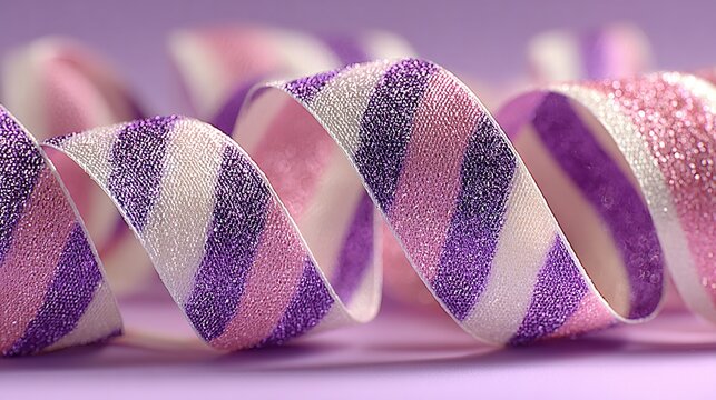 Close-up of a coiled ribbon with multicolored stripes.