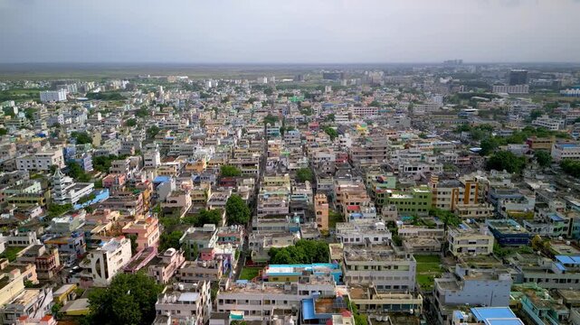 Aerial view of Mangalagiri town in Andhra Pradesh, India. Located in Guntur District and a major residential and IT hub in Andhra Pradesh Capital Region.