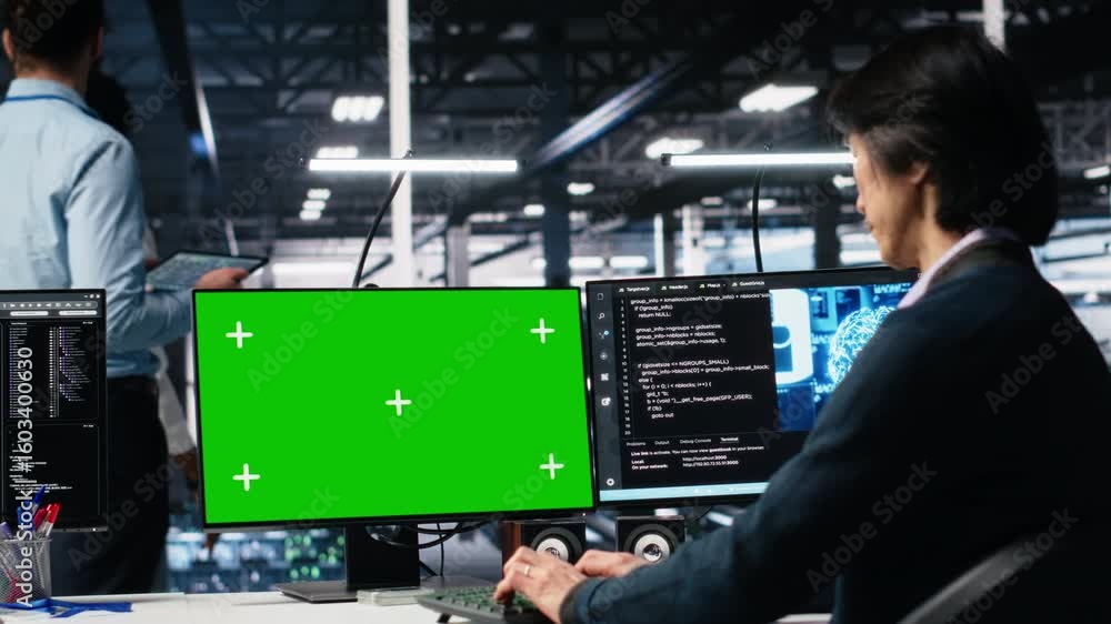 Poster technician in data center coding with generative ai assistance on green screen pc. it specialist lev