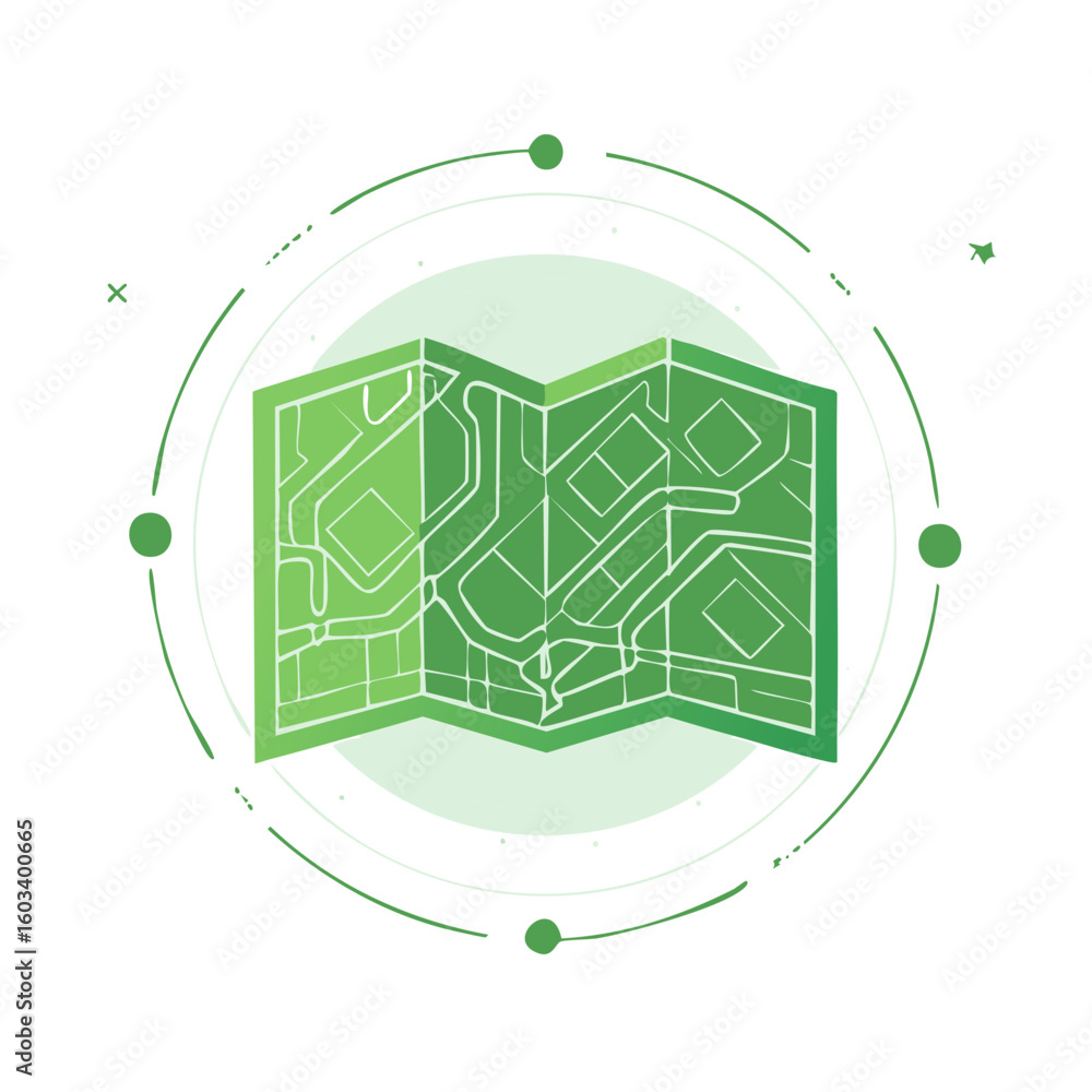 Poster folded map with green gradient in a circular design representing location and navigation services