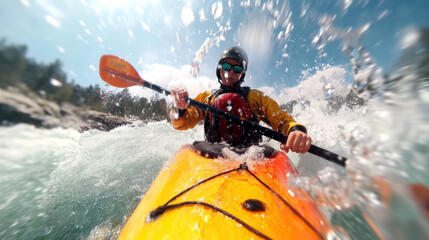 A person in a helmet and life jacket paddles energetically through whitewater rapids in a bright orange kayak on a sunny day.