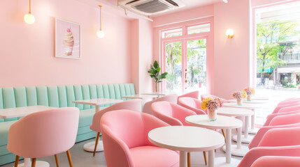Fototapeta premium A stylish, pastel pink cafe interior with cozy seating, round white tables, soft lighting, and large windows offering a view of the street outside.