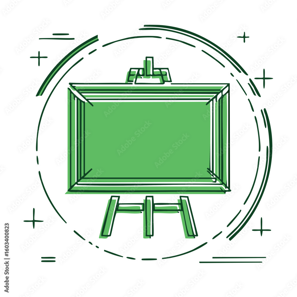 Poster green frame on wooden easel surrounded by sketch elements representing display or presentation