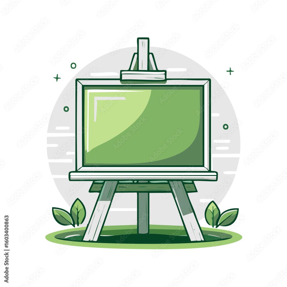 Poster Green Easel with Blank Canvas Waiting for Artistic Expression in a Studio Setting surrounded by Leaves and a Calm Atmosphere