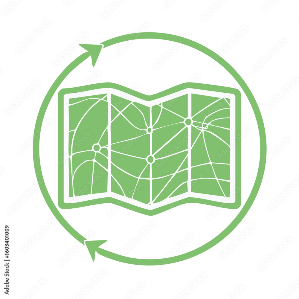 Poster green folded map surrounded by repeating arrows in a circular pattern, symbolizes navigation, explor