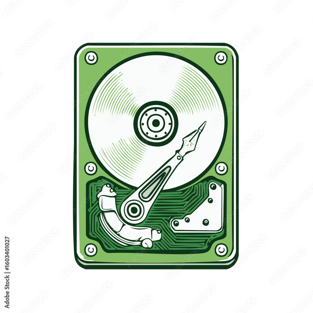 Poster green hard drive disk with writing nib, data storage solution
