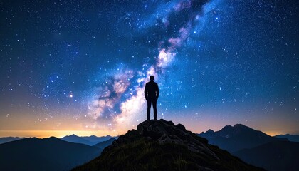 Fototapeta premium Silhouette Of Man On Mountaintop Under Milky Way