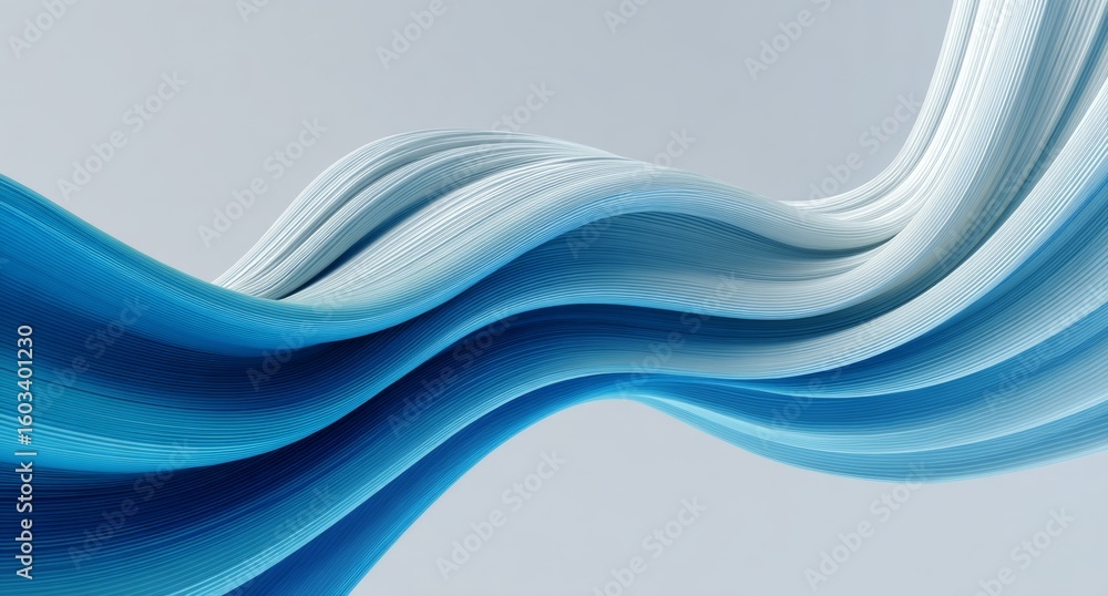 Poster fluid blue gradient lines forming dynamic abstract shape, curving through dimensional space against 