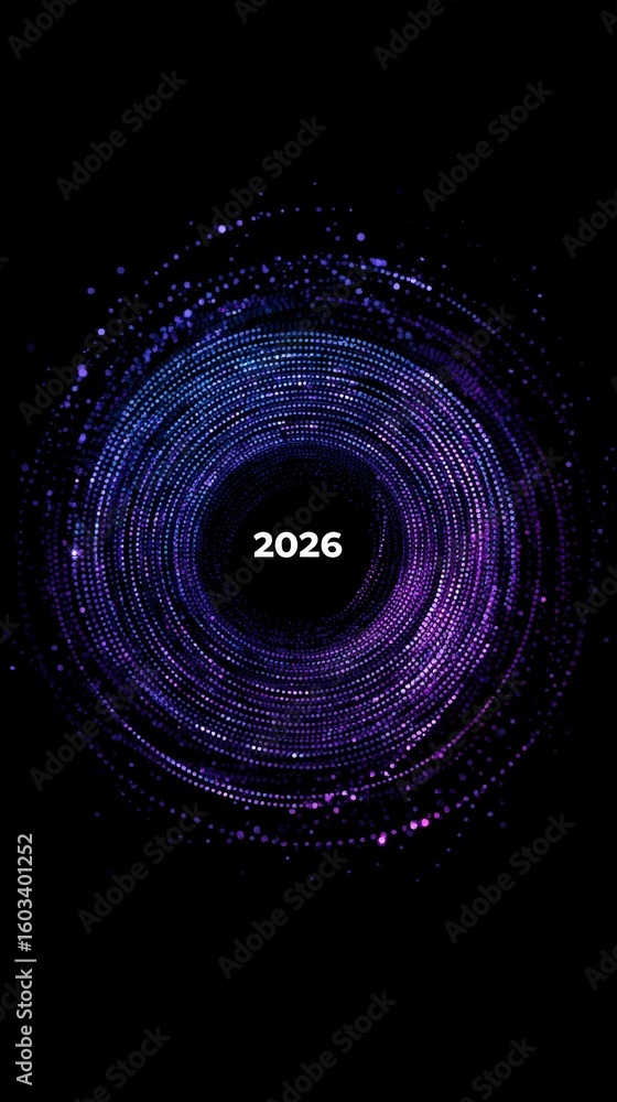 Poster vibrant purple and blue particles spiraling into dynamic vortex, numeric 2026 centered, representing