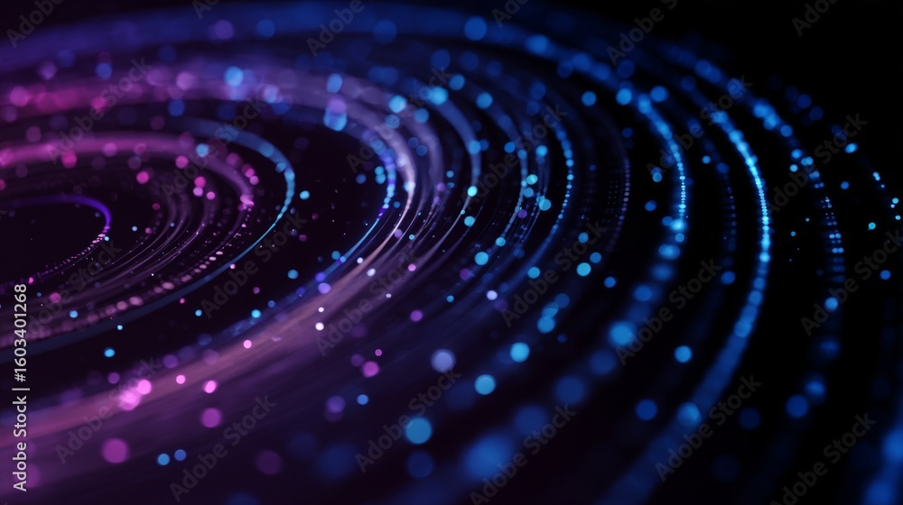 Poster dynamic light trails swirling in vibrant blue and purple, generating mesmerizing circular pattern re