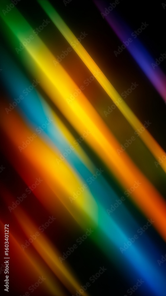 Poster vibrant color stripes blending diagonally, merging into abstract light patterns against dark backdro
