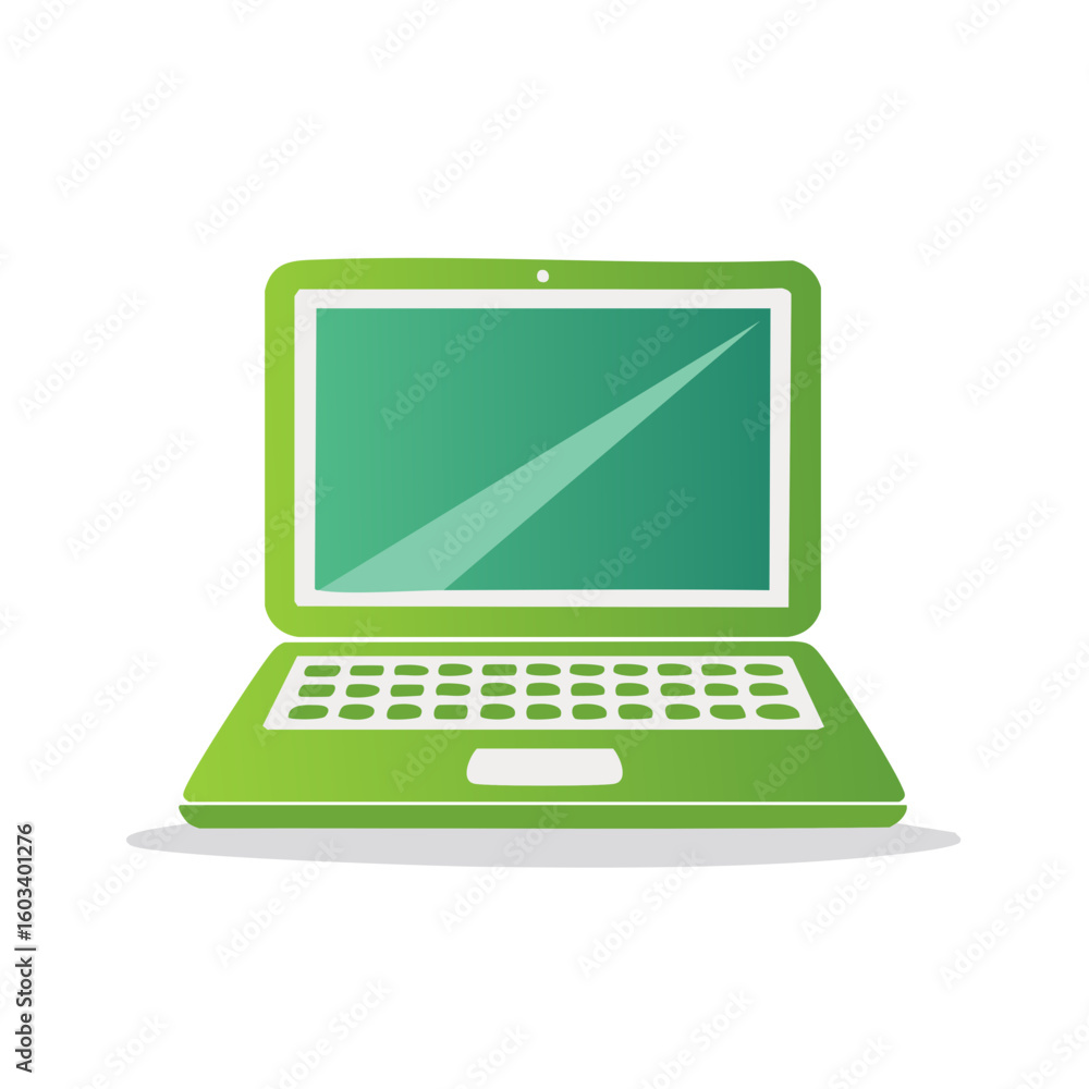 Poster green laptop illustration with gradient screen, showing open keyboard, for tech graphics and busines