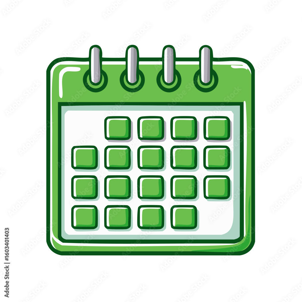 Poster cartoon green calendar with grid indicating dates and appointment scheduling for planning and events
