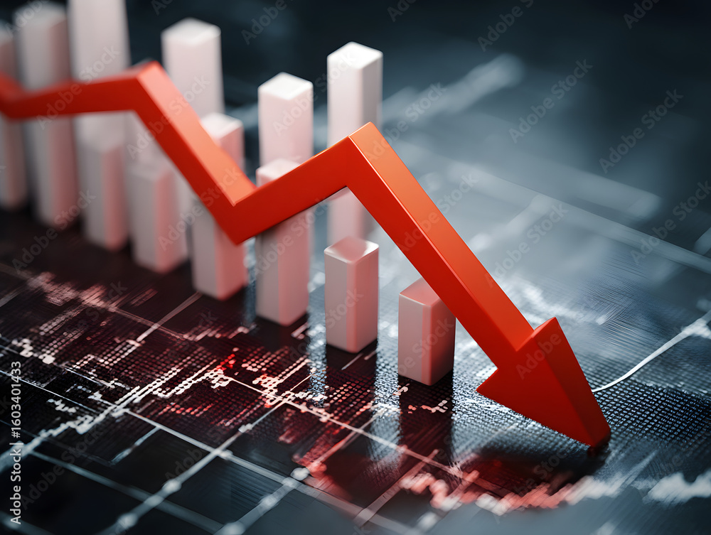 Poster a stock photo featuring a declining stock bar chart with a falling red arrow indicating a decrease i