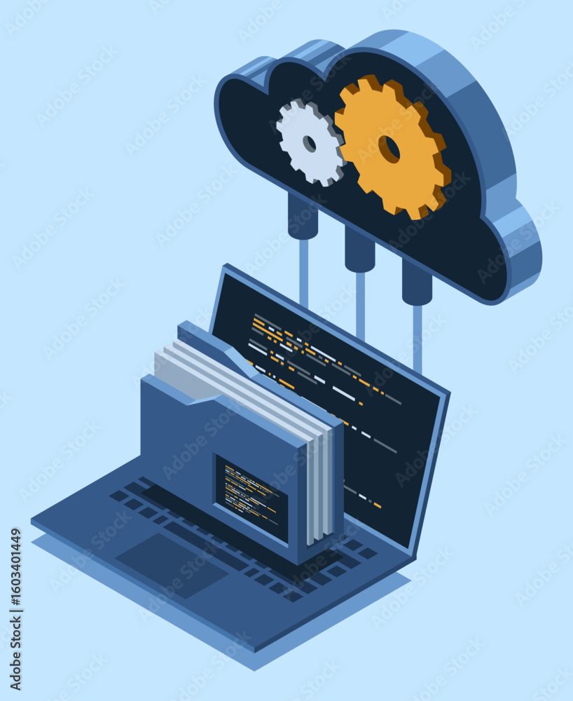 Poster isometric cloud storage concept with laptop. cloud technology with folder and laptop. isometric comp