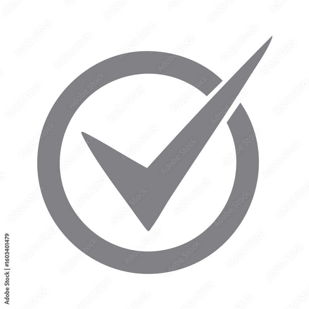 Poster grey check mark inside circle signifying positive confirmation and successful task completion