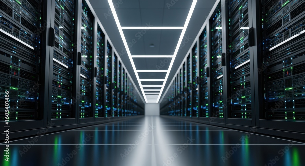 Poster symmetrical composition of densely packed servers along a sleek corridor in a cloud computing facili