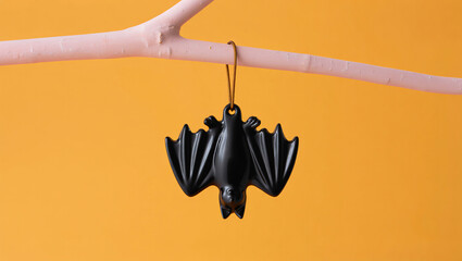 Minimalistic black bat figurine hanging upside down from a pastel branch on orange background. Playful and quirky Halloween or nature-themed concept.

