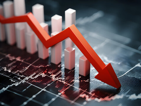 A stock photo featuring a declining stock bar chart with a falling red arrow indicating a decrease in value, market, data