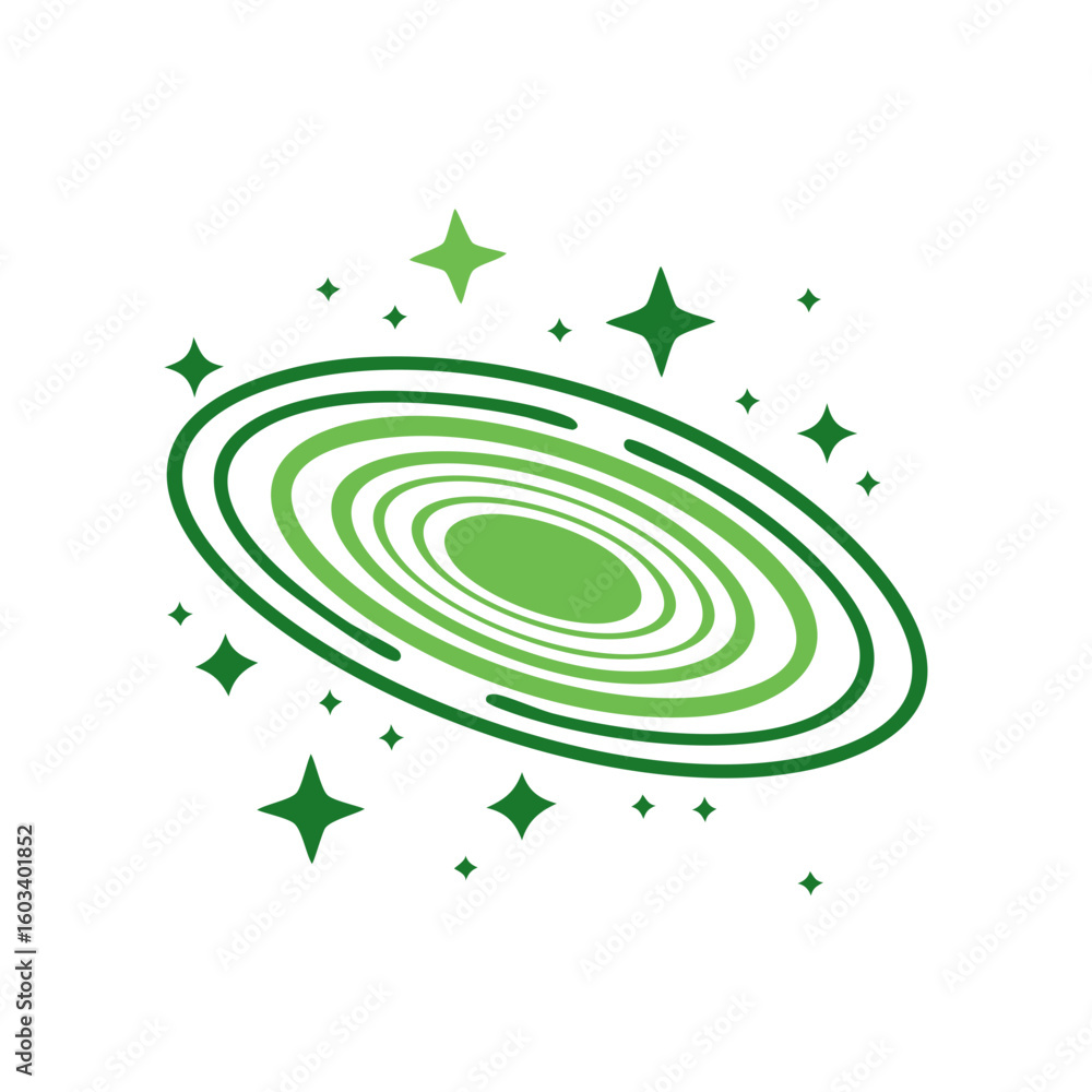 Poster stylized green galaxy with stars in cosmic orbiting pattern for science and technology design