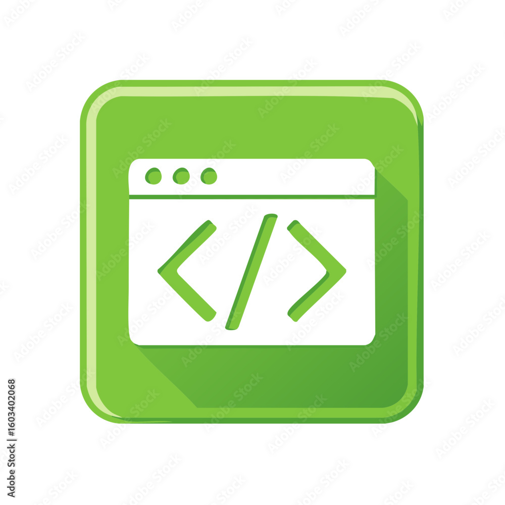Poster green coding icon web development symbol on a button with shadow simple vector illustration