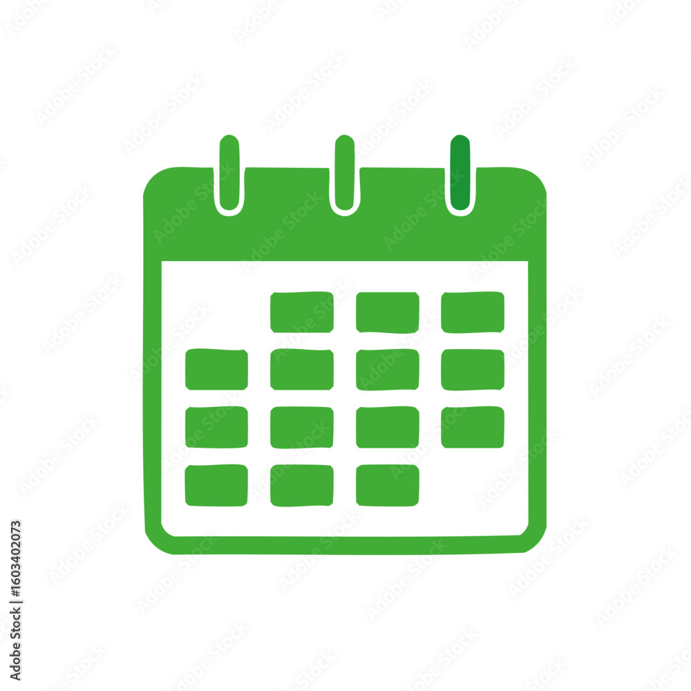 Poster green calendar icon graphic with schedule blocks and simple symbol style for dates