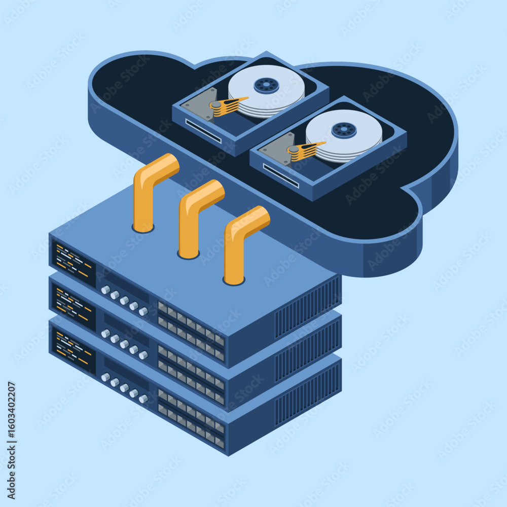 Poster isometric cloud computing. isometric server. server network equipment. computer network technology. 