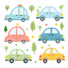 Cute childish cars. Vector kid cute doodle set.