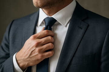 Businessman Adjusting His Tie in a Dark Suit