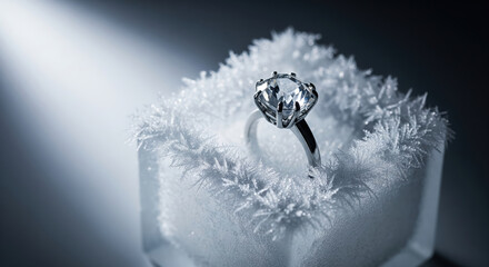 Elegant diamond engagement ring in a frozen ice box with frost crystals