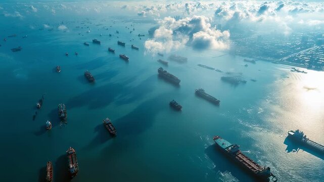 An aerial view of a busy port with multiple vessels anchored offshore reflecting a slowdown in freight traffic and the backlog of ships waiting to unload due to imposed trade barriers.