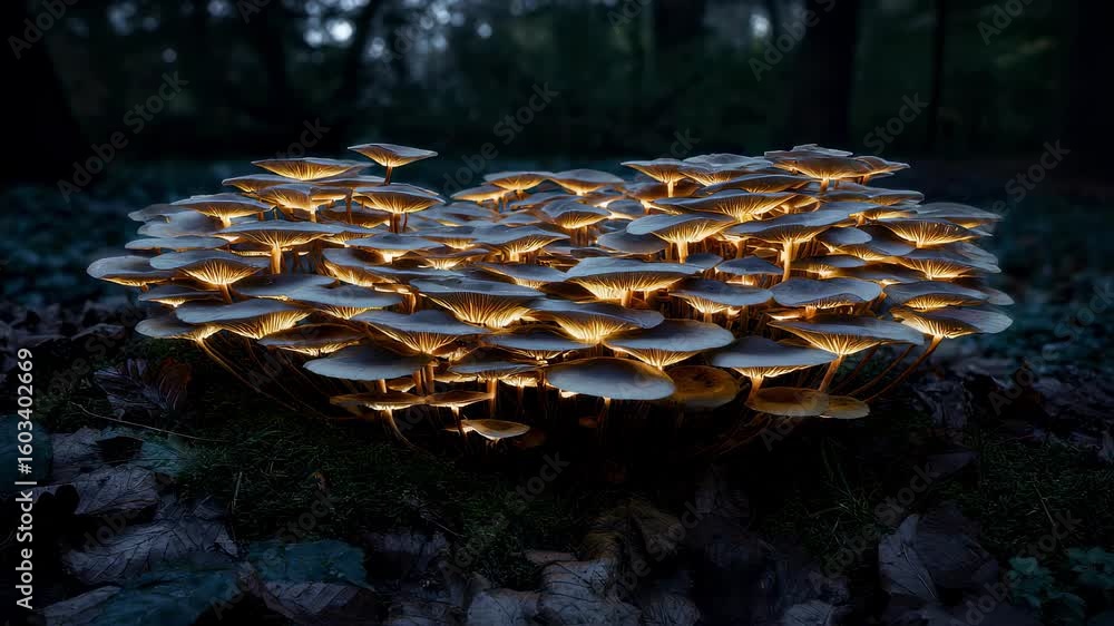 Poster captivating twilight view of a circular cluster of radiant amanita mushrooms creating a whimsical fa