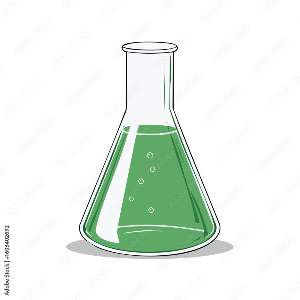 Poster erlenmeyer flask with green liquid and bubbles lab experiment illustration