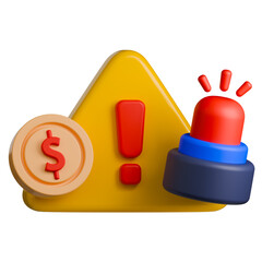 Economic crisis 3d illustration. Warning symbol with red alert siren and dollar coin symbolizing financial emergency.