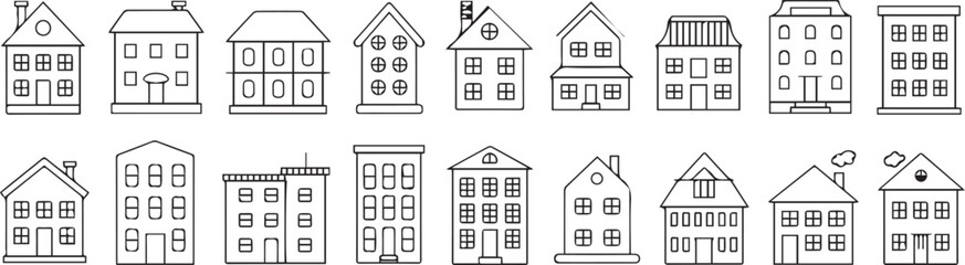 diverse residential house and building types modern villas, classic homes, apartments and townhouses vector set