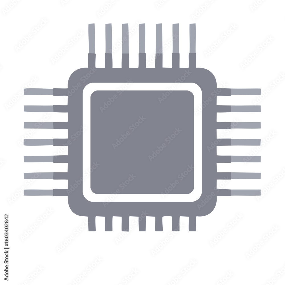 Poster microchip icon, gray and white computer processor illustration with pins, components