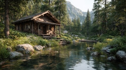 Secluded log cabin nestled amidst a verdant forest near a tranquil lake
