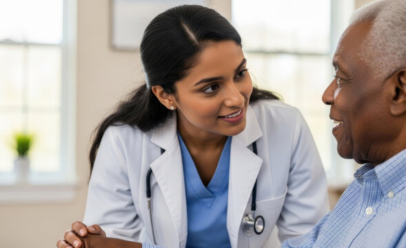 Young Indian female doctor in white coat provides comfort and support to elderly African American male patient. Strong, trusting doctor-patient relationship, geriatric care, home health visit